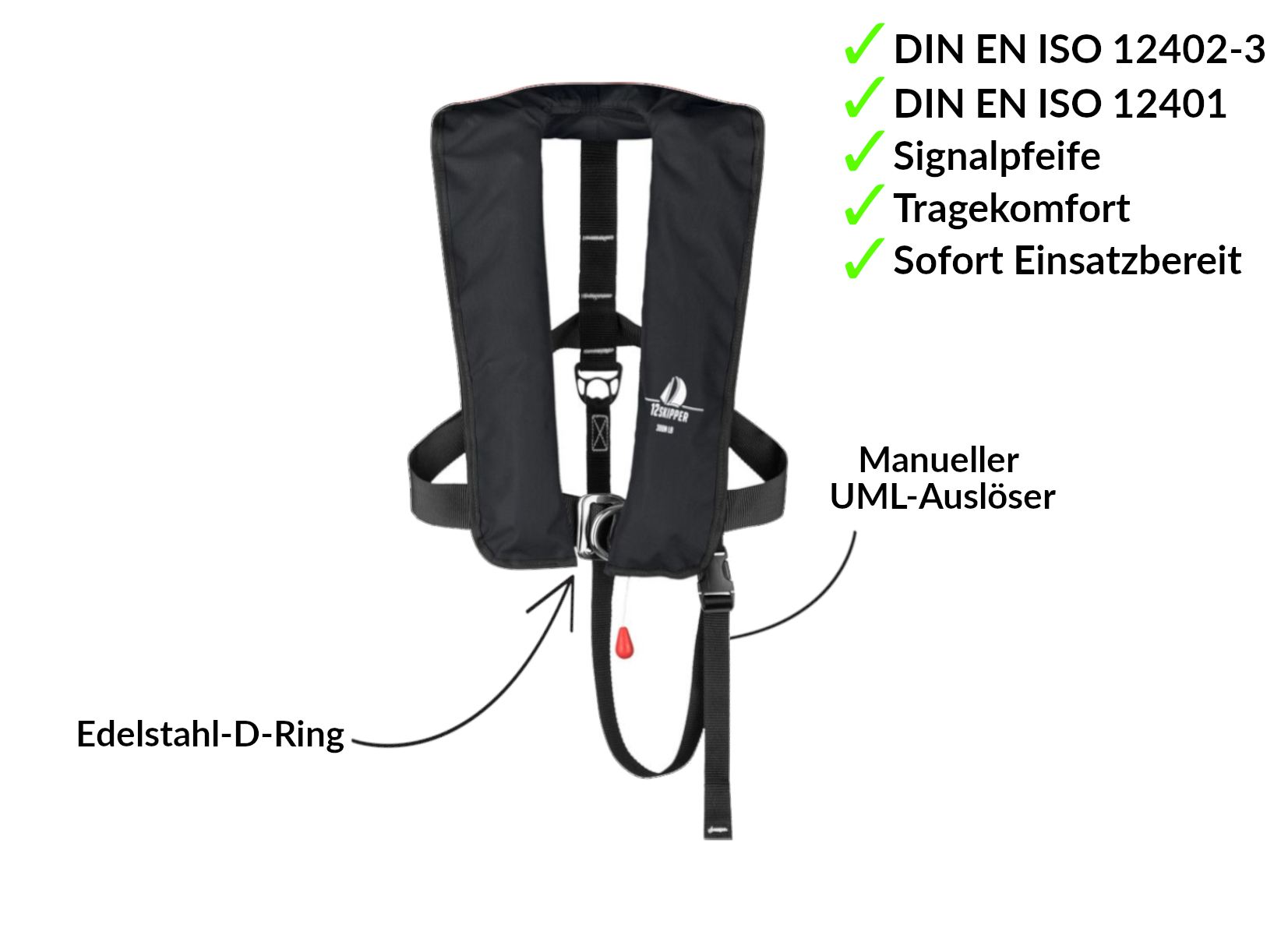 Lot de 2 : 12skipper gilet de sauvetage automatique 300N ISO avec harnais - noir, inclus 2 kits de réarmement