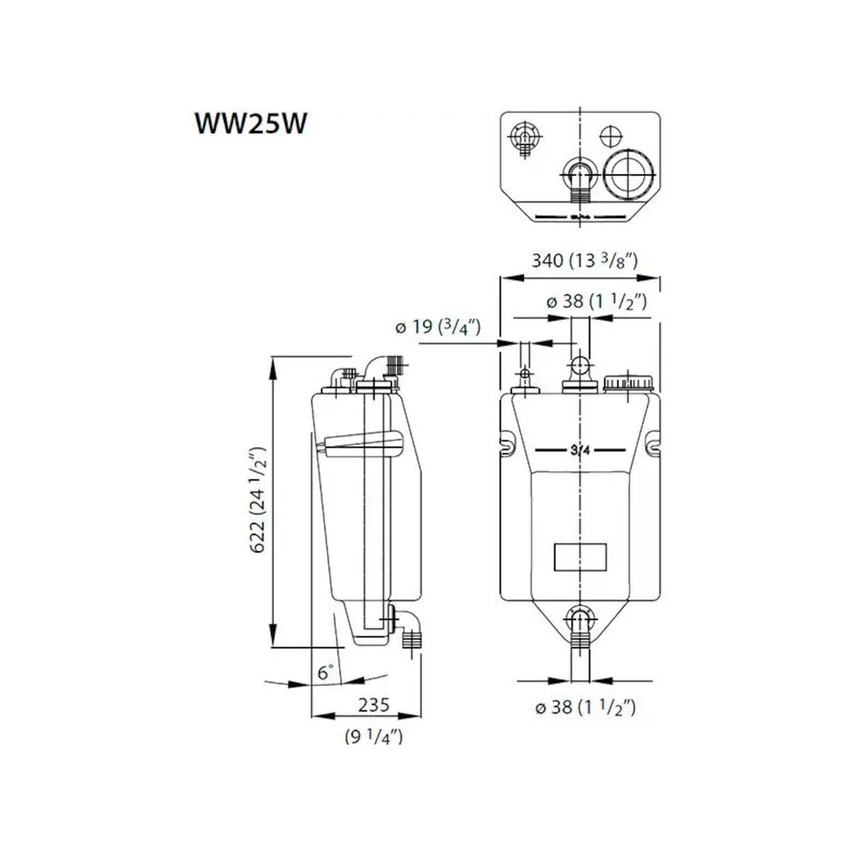 Vetus réservoir eaux usées sur cloison - 25 l