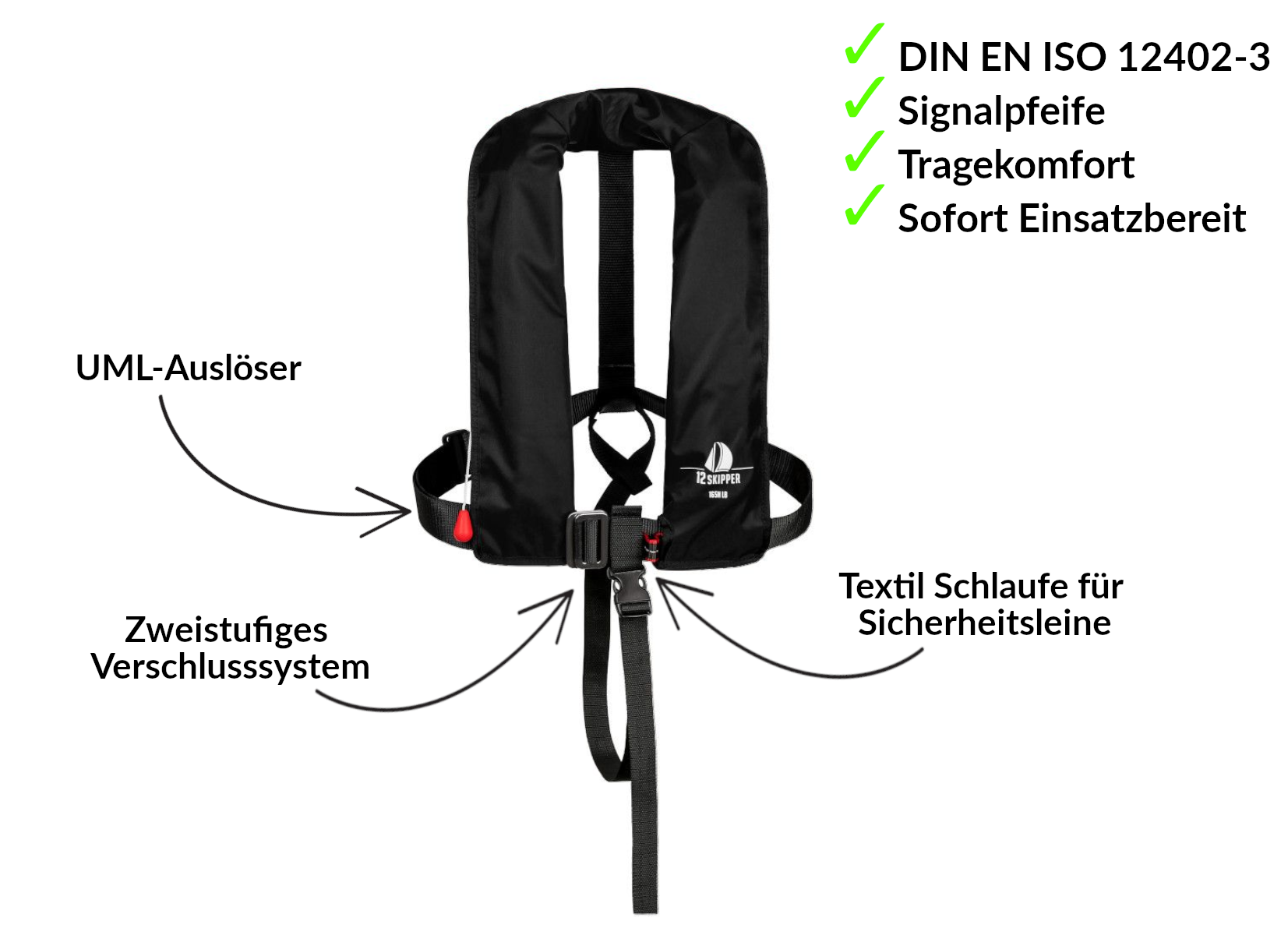 Lot de 2 : 12skipper gilet de sauvetage automatique 165N ISO avec harnais - noir