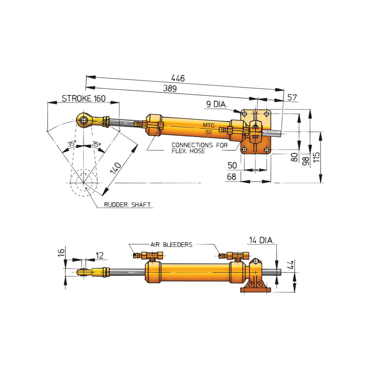 Vetus vérin type mtc52, pour tuyau ø10mm (synthétique ou cuivre)
