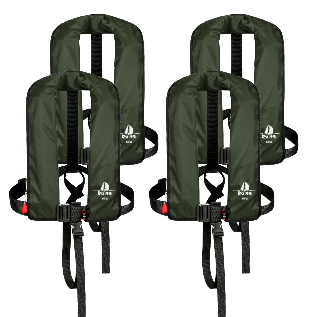 Lot de 4 : 12skipper gilet de sauvetage automatique 165N ISO avec harnais - vert olive