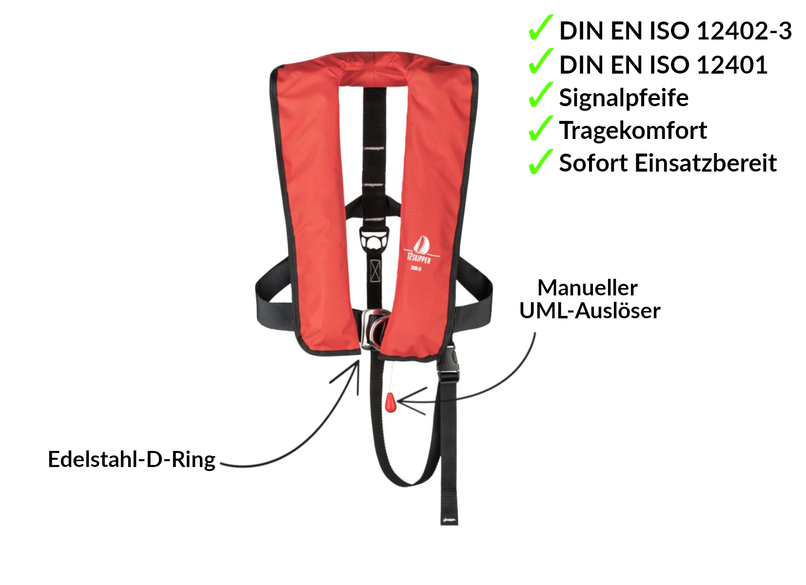Lot de 2 : 12skipper gilet de sauvetage automatique 300N ISO avec harnais - rouge