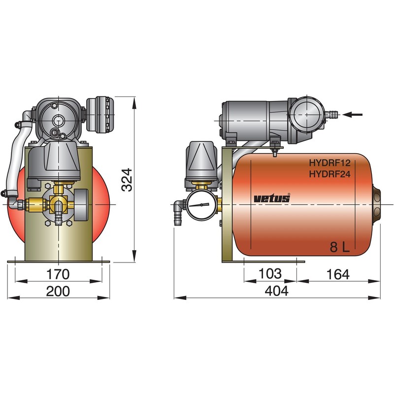 Vetus groupe 24 volts, contenu du réservoir sous pression 8 litres, avec régulateur de pression