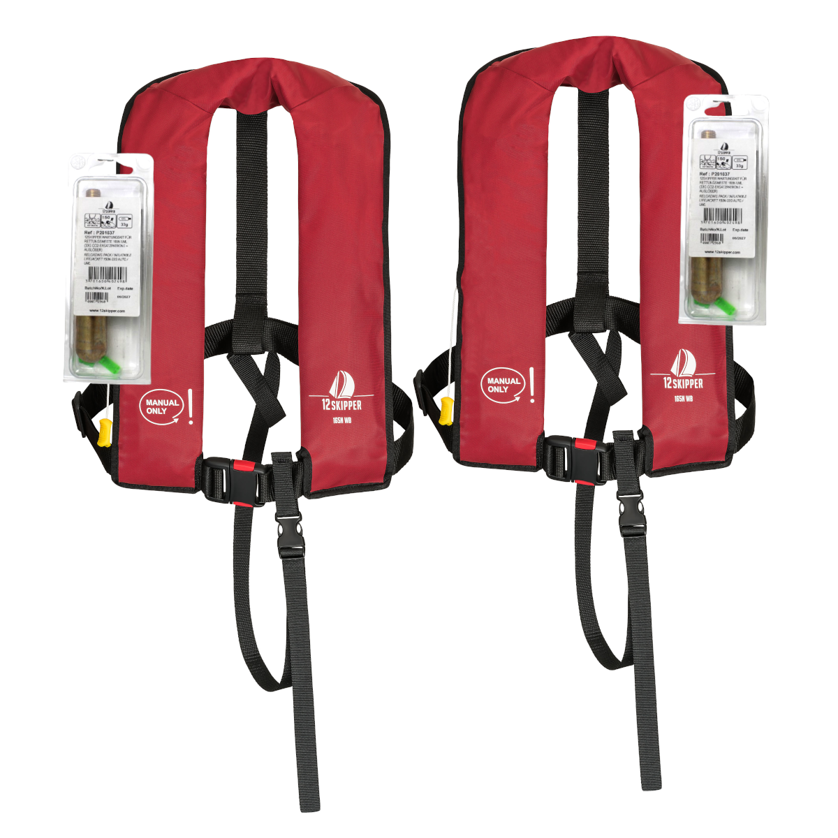 Lot de 2 : 12skipper gilet de sauvetage 165N ISO à déclenchement manuel - rouge, inclus 2 kits de réarmement