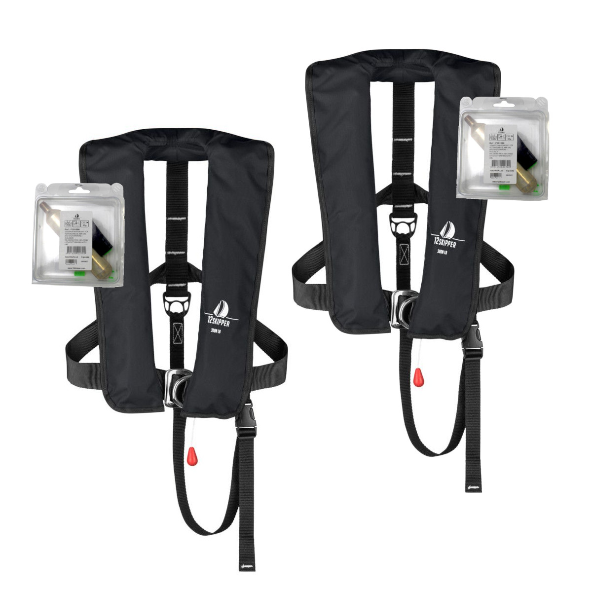 Lot de 2 : 12skipper gilet de sauvetage automatique 300N ISO avec harnais - noir, inclus 2 kits de réarmement