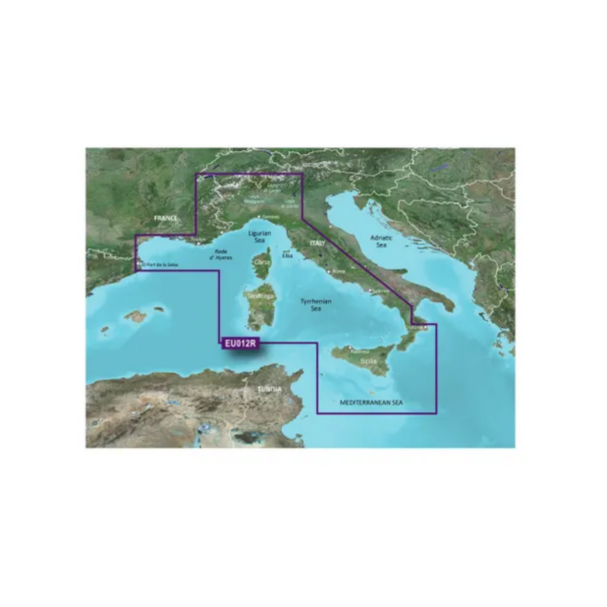Garmin VEU012R carte marine Méditerranée, côtes Sud de la France, côte ouest de l’Italie, Corse, Sardaigne, Sicile
