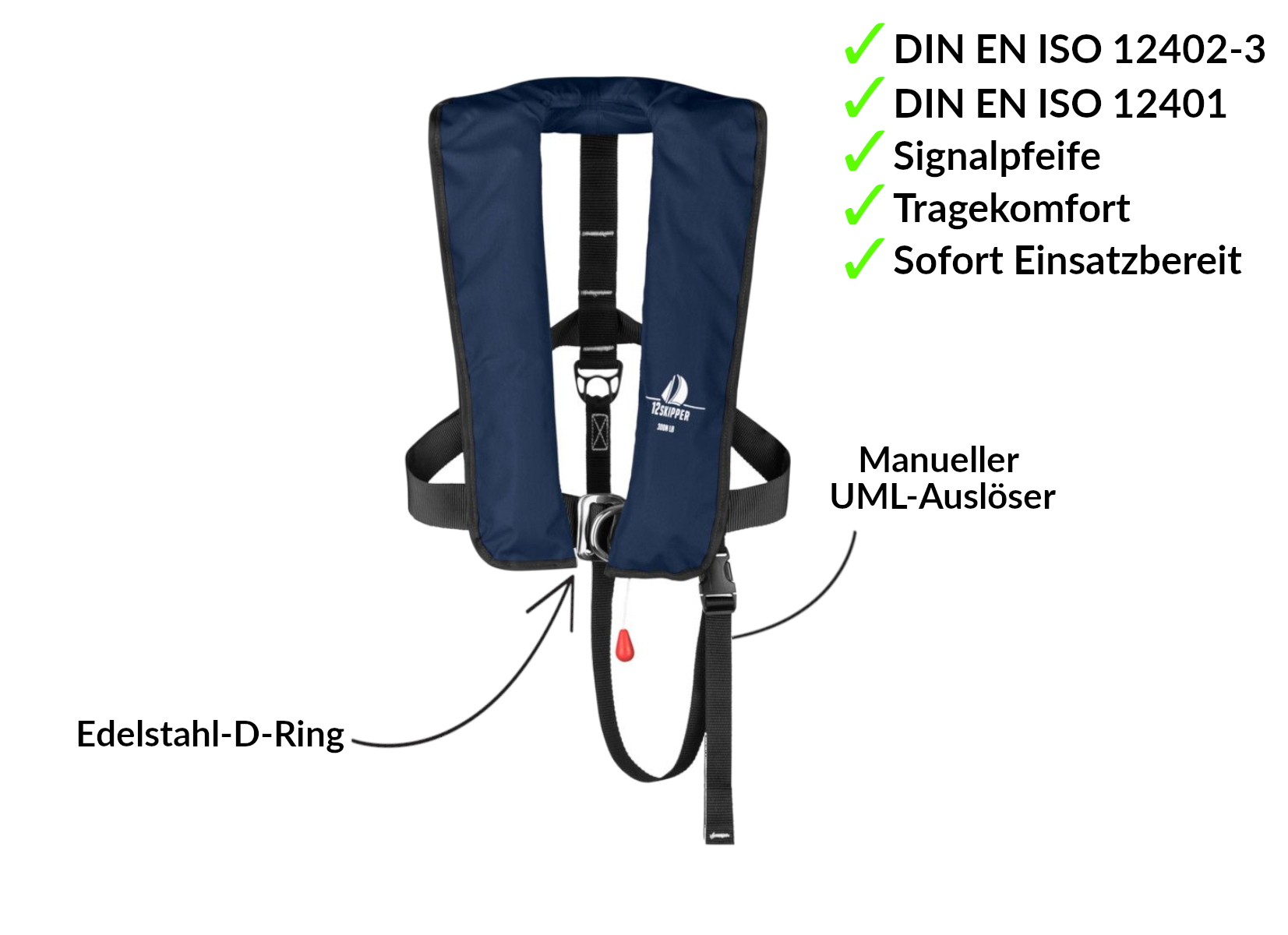 Lot de 2 : 12skipper gilet de sauvetage automatique 300N ISO avec harnais - bleu marine, inclus 2 kits de réarmement